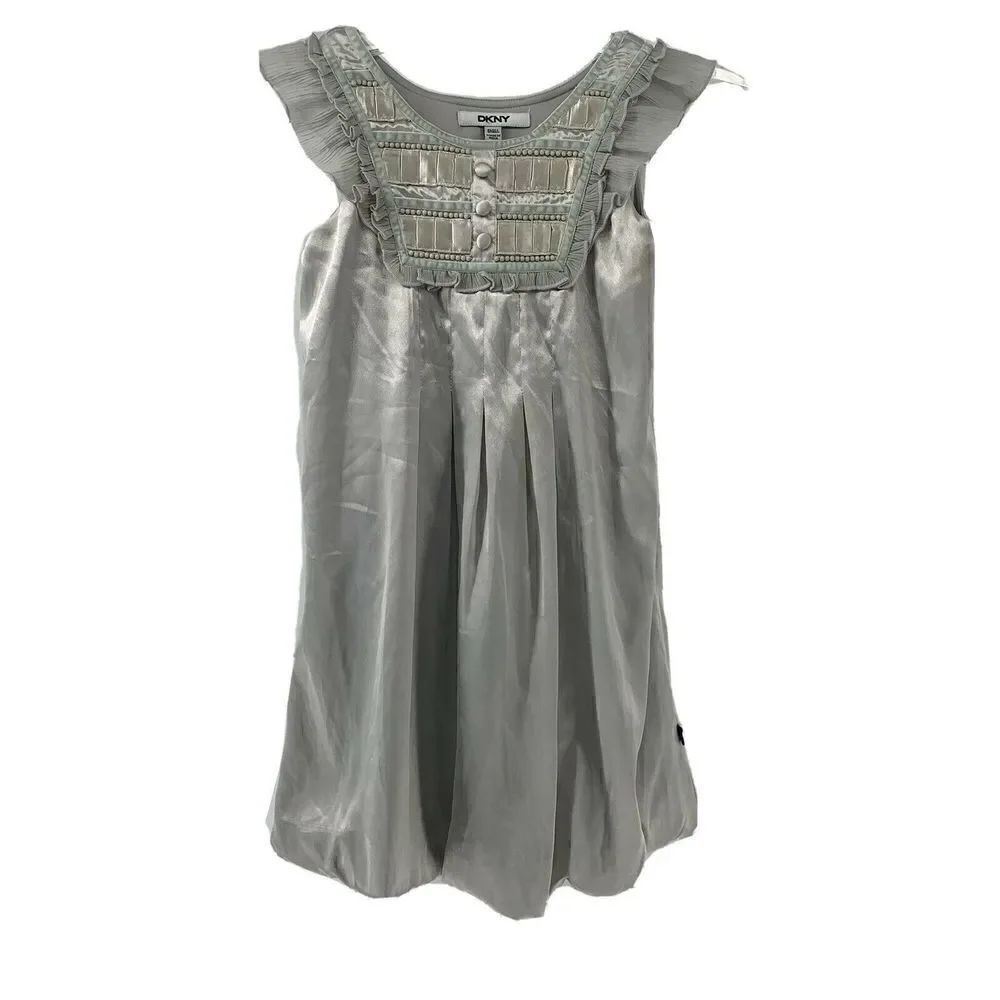 DKNY Silver Silky Sleeveless Ruffle Edge Dress